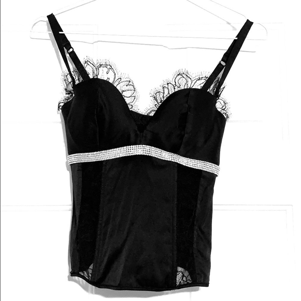 Black Silk Satin Lace Crystal Corset 34B